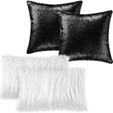 4 Parça 30X50 Beyaz Peluş ve 43X43 Siyah Payetli Kırlent Kılıfı