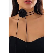 H&E Design Kadın Siyah Saten Gül Choker Kolye Özel Tasarım Maden Rengi Siyah