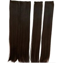 Koyu Kahve Düz Yarım Ay Çıt Çıt Set - Isıya Dayanıklı Postiş Saç Set