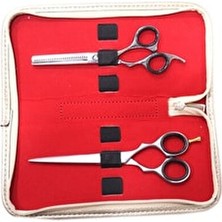 Profesyonel Kesim Makası Metalik Şekilli Kuaför Makası ve Efile (Ara Makası) Çanta Seti Siyah