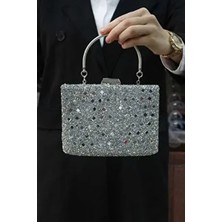Kadın Gümüş Taşlı Abiye Clutch Portföy Çanta