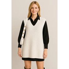 Kadın V Yaka Ekru Süveter Kolsuz Yırtmaçlı Oversize Süveter