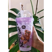 Hediyelik Işıklı Bardak Matara Pipetli Çift Katmanlı Mor Renk Ayıcıklı