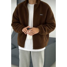 Genius Store Oversize Peluş Tam Fermuarlı Sweatshirt Kahverengi Cepli Kalın Polarlı Sherpa Kumaş Erkek