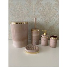 Trend Banyo Mutfak Parça Mermer Desen Banyo Wc Fırçalık, Sıvı - Katı Sabunluk, Çöp Kovası, Diş FırçalıkSeti Akrilik Malzemeden Pembe Renkli Şık Tasarım 5 Parça