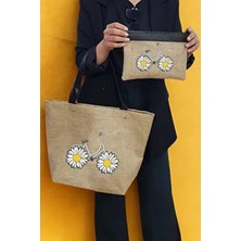 Papatya Baskılı Deri Saplı Hasır Kumaş Baskılı Plaj Çantası ve Makyaj Çantası Ikili Set