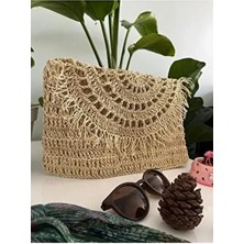 Meg Case Büyük Boy Kağıt Ip Hasır Püsküllü Dikdörtgen Çanta El Yapımı Düz Desen ile Şık Görünüm