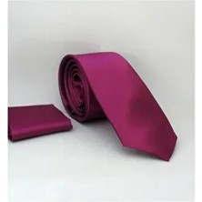 Gaffy Mürdüm Renk Slim Fit Düz Desenli Mendilli Saten Kravat Parlak Kumaş ile Özel Günlere Uygun