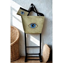 Nazar Boncuğu Baskılı Deri Saplı Hasır Kumaş Baskılı Plaj Çantası ve Makyaj Çantası Ikili Set