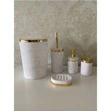 5 Parça Mermer Desen Mat Banyo Seti / Wc Fırçalık, Sıvı - Katı Sabunluk, Çöp Kovası, Diş Fırçalık
