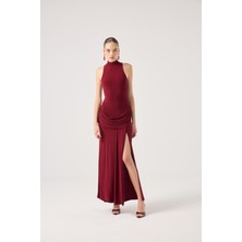 Balıkçı Yaka Yırtmaçlı Uzun Valentina Elbise Bordo