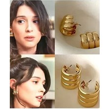 Kadın Premium 3 Sıra Çelik Gold Bombeli Küpe