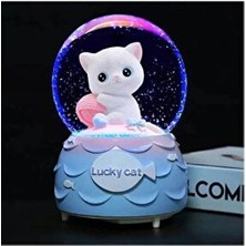 TeknoZar Lucky Cat Sevimli Minnoş Kedi Orta Boy Müzikli Kar Küresi Mavi Renkli El Yapımı Koleksiyonluk Hediye