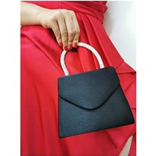 Kadın Saten Siyah Abiye Taşlı Clutch Portföy El Düğün Nişan Gece Çantası