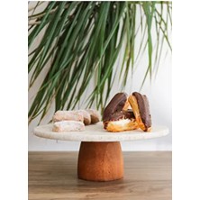 Gemboss Doğal Mermer Pasta Kek Standı , Ahşap Ayaklı Kek Standı,mermer Sunumluk, Mermer Peynir Tabağı 25 cm