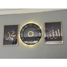 Hıbıscus 2 Li Modern Tema Aynalı Tablo ve Saat Seti 40 Altın Renk Plastik Malzeme