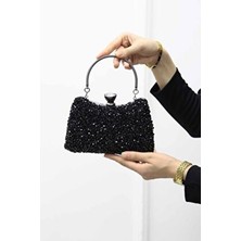 Roza Çanta Kadın Siyah Doğal Taş Portföy Abiye Çanta Şık Görünüm ve Düz Desen ile Özel Tasarım