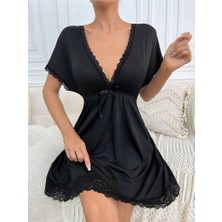 Gazaniga Kadın Siyah Yarasa Kol ve Dantel Detaylı Gecelik Chic