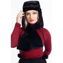 Ladycolor Çantadepo Kadın Peluş Kalpak Atıkılı Takım Siyah Renk Tüm Yaş Grupları İçin Şık Sezonluk