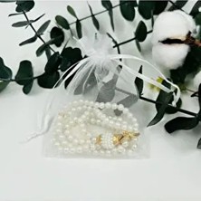 Krem Renkli Tül Keseli İnci Tesbih Hediyelik Düz Desenli 10 Adet Mevlüt Sünnet İçin