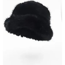 Kapin Siyah Peluş Bucket Şapka Suni Kürk Malzemeden Yuvarlak Desenli Kışlık Erkek Şapka