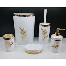 GuvenliPazar 5 Parça Beyaz Gold Papatya Desenli Yuvarlak Akrilik Banyo Seti Şık Tasarım