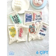 Esinti Renkli Kaligrafi Desenli Unisex Soket Çorap 6 Çift %80 Pamuk Esnek Desenli Beyaz Kolej Çoraplar