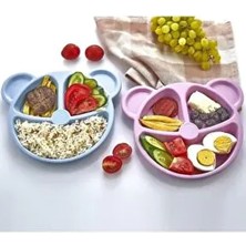 Mavi Veya Pembe Ayıcık Şekilli Mama Yemek 3 Bölmeli Eğlenceli Çocuk Bebek Kahvaltı Yemek Tabağı