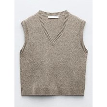 Winter Club Kadın Vizon Renk V Yaka Fitilli Kenarlı Kolsuz İpek Süveter