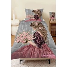 Dekomingo Buketli Kız Desenli Kapitone Çocuk Yorgan Seti Elyaf Dolgu Malzemesi ile Pembe Renk