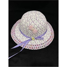 Pandoli Çocuk Deniz Plaj Şapka Lila Renk Hasır Malzemeden Çiçek Desenli