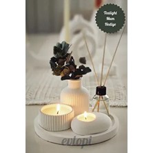 Dekoratif Tepside 5 Li Set Çizgili Vazo, Vanilya Kokulu Ahşap Fitilli Mum, Tealight Mumluk, Oda Koku