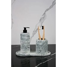 3 Parça Mermer Desenli Beton Banyo Seti Sıvı Sabunluk Diş Fırçalık Sunum Tepsisi