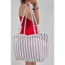 Woys Lila Renk Çizgili Desen Dokuma Plaj Çantası