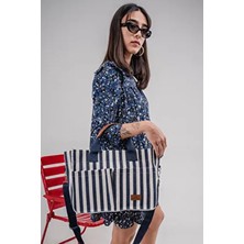 Üç Gözlü The Tote Bag Lacivert Çizgili Canvas Kadın Omuz Çanta