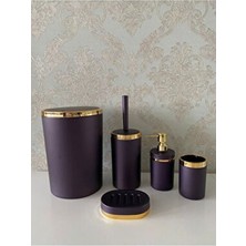 5 Parça Mor Gold Mat Banyo Seti / Wc Fırçalık, Sıvı - Katı Sabunluk, Çöp Kovası, Diş Fırçalık
