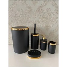 5 Parça Siyah Gold Mat Banyo Seti / Wc Fırçalık, Sıvı - Katı Sabunluk, Çöp Kovası, Diş Fırçalık