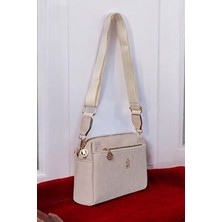 Kadın Krem 3 Bölmeli Astarlı Ayarlanabilir Kolon Askılı Çapraz Omuz Çantası