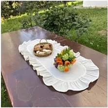 Home %100 Pamuklu Bej Ham Keten Fırfırlı Oval Runner 30X80 cm