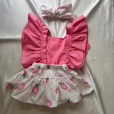 Kız Bebek Pembe Ananas Desen Salopet Bandana Set