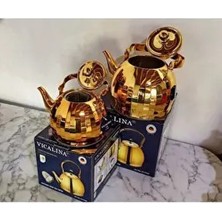 Çelik Çaydanlık , Paslanmaz  Çaydanlık Gold Rengi Takım Çaydanlık Set Halinde Ikili Demlik