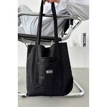 Woys Bags Siyah Kanvas Kumaş Kadın Kol ve Omuz Çantası 3 Bölmeli Ön 2 Cep Detaylı