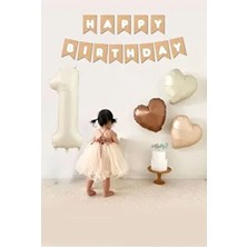 Atölye Mi Retro Krem 1 Yaş Balon Seti 34" Folyo Balon 3 Kalp Balon 1 Adet Kraft Banner