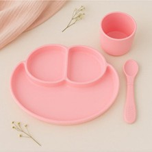 3'lü Silikon Beslenme Seti - Silikon Vakumlu Mama Tabağı, Diş Kaşıyıcı Kaşık ve Bardak Pembe