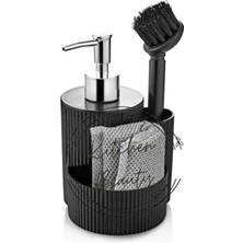 Kitchen Beauty Siyah Tezgah Üstü Mutfak Banyo Sıvı Sabunluk Takımı Plastik Süngerli Fırçalı