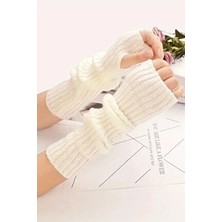 Moibody %100 Akrilik Premium Triko Örgü Kolluk Eldiven Kadın Ekru Renk Şık Tasarım El Isıtıcı