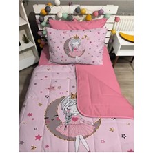 Kapitone Pembe Ay ve Kız 4PARÇA(%100PAMUK 100X200 Lastikli Çarşaflı)Tek Kişilik Yatak Örtüsü Takımı