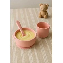 Silikon Bebek Mama Kasesi Kaşık ve Bardak Set Pembe