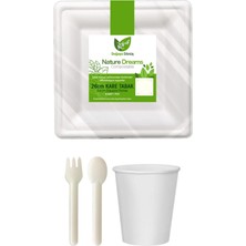 Ekolojik Kare 26 Cm. 48 Kişilik Parti Piknik Sofra Sunum Seti - Tabak Bardak Çatal Kaşık Takımı
