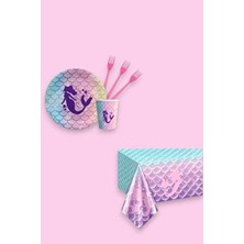 Evabrite 8 Kişilik Deniz Kızı Doğum Günü Parti Seti Pembe Renkli Tabak Bardak ve Masa Örtüsü